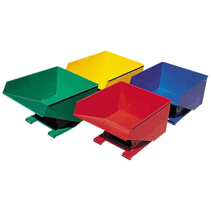 Different colours of forklift tipping bins